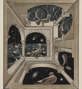 M.C.Escher, Altro Mondo, 1947, Xilografia, 31,8 x 26,1 cm, Collezione Gemeentemuseum Den Haag, All M.C. Escher works © the M.C. Escher Company B.V.-Baarn- the Netherlands, All rights reserved. www.mcescher.com